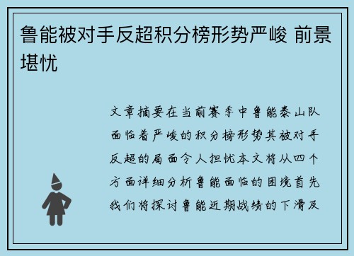 鲁能被对手反超积分榜形势严峻 前景堪忧