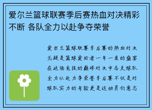 爱尔兰篮球联赛季后赛热血对决精彩不断 各队全力以赴争夺荣誉