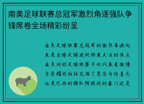 南美足球联赛总冠军激烈角逐强队争锋席卷全场精彩纷呈