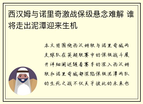 西汉姆与诺里奇激战保级悬念难解 谁将走出泥潭迎来生机