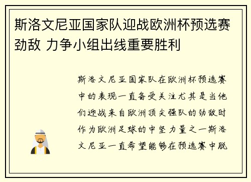 斯洛文尼亚国家队迎战欧洲杯预选赛劲敌 力争小组出线重要胜利