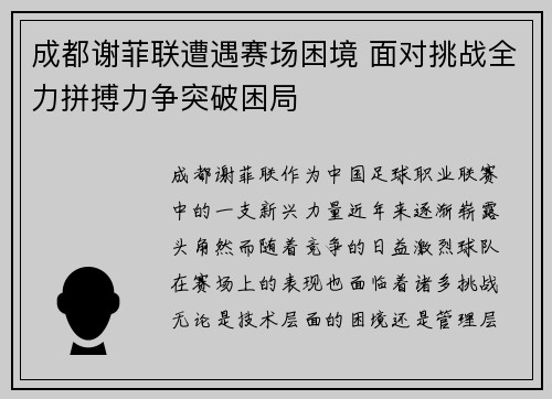 成都谢菲联遭遇赛场困境 面对挑战全力拼搏力争突破困局